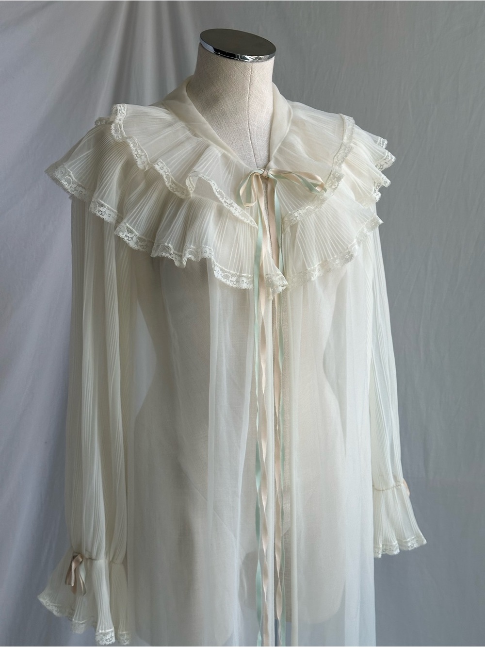 RARE Vintage 60s Gotham Gold Stripe Sheer Lace Peignoir Maxi Robe | Size M / L